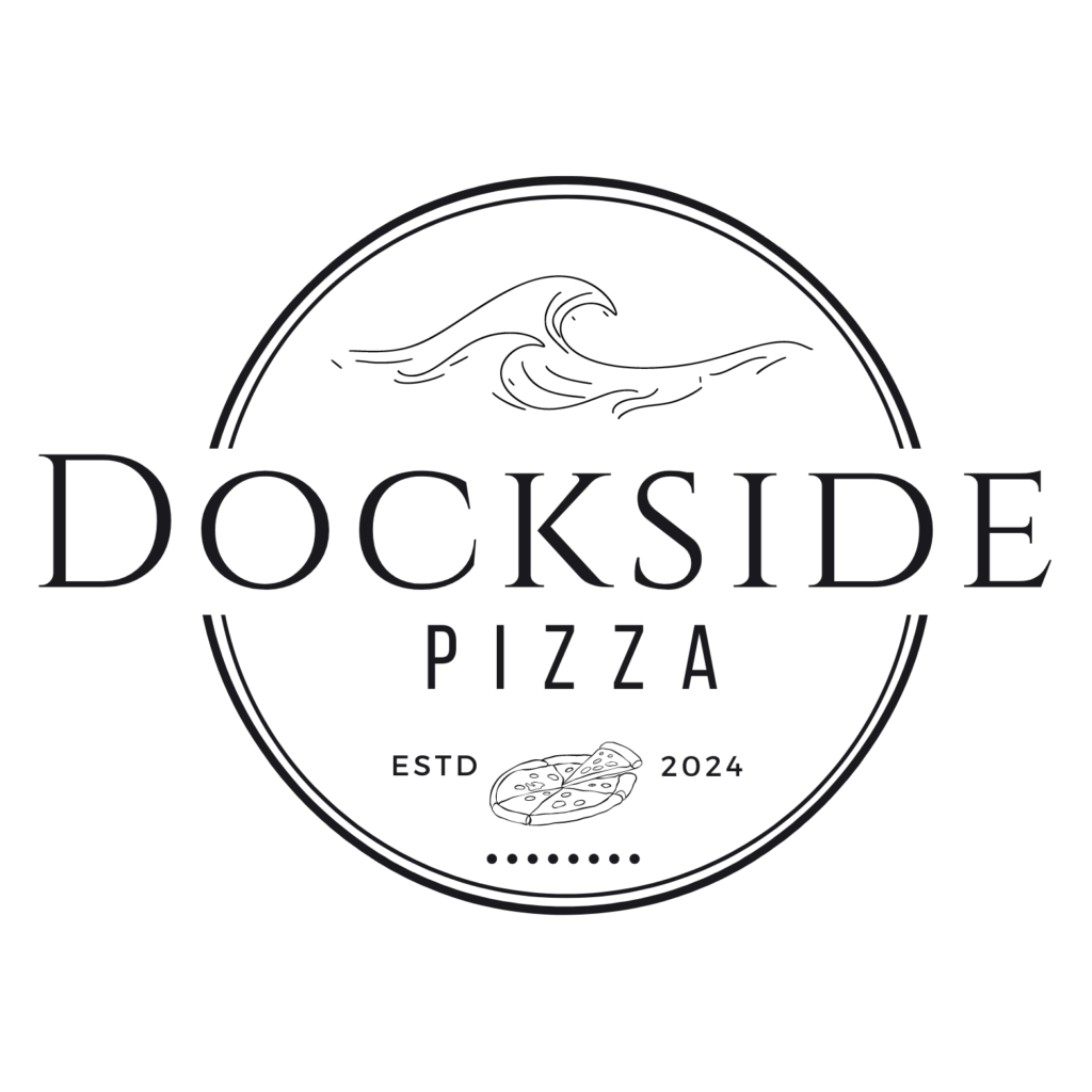 A circular logo for Dockside Pizza at Bluewater Bay Marina features the name in bold, uppercase letters. Above, there’s a stylized wave, while below, an illustration of a pizza slice hints at nearby Lake Tenkiller. The text ESTD 2024 flanks the pizza illustration.